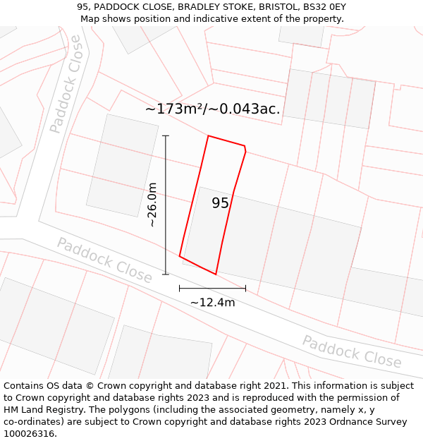 95, PADDOCK CLOSE, BRADLEY STOKE, BRISTOL, BS32 0EY: Plot and title map