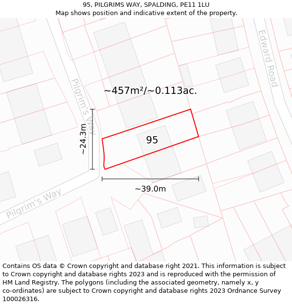 95, PILGRIMS WAY, SPALDING, PE11 1LU: Plot and title map