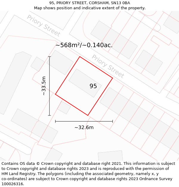 95, PRIORY STREET, CORSHAM, SN13 0BA: Plot and title map