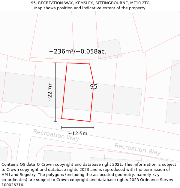 95, RECREATION WAY, KEMSLEY, SITTINGBOURNE, ME10 2TG: Plot and title map