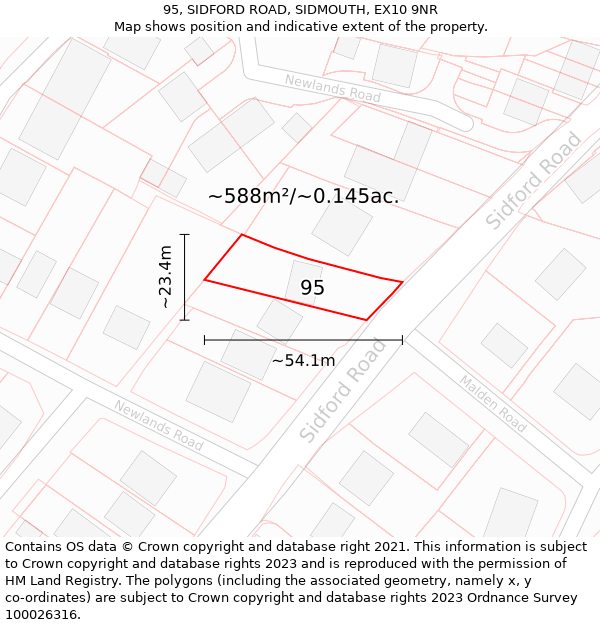 95, SIDFORD ROAD, SIDMOUTH, EX10 9NR: Plot and title map