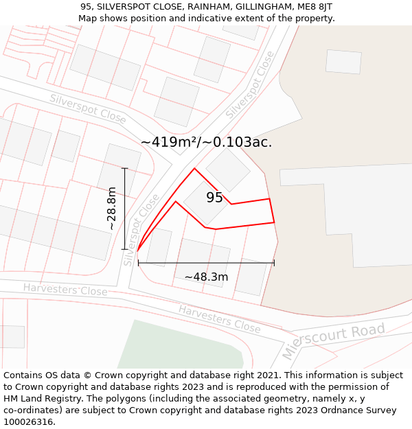 95, SILVERSPOT CLOSE, RAINHAM, GILLINGHAM, ME8 8JT: Plot and title map