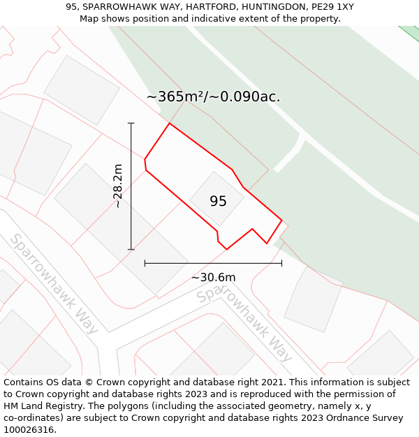 95, SPARROWHAWK WAY, HARTFORD, HUNTINGDON, PE29 1XY: Plot and title map