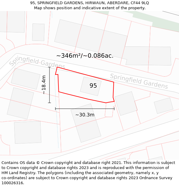 95, SPRINGFIELD GARDENS, HIRWAUN, ABERDARE, CF44 9LQ: Plot and title map