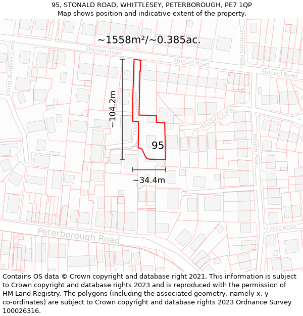 95, STONALD ROAD, WHITTLESEY, PETERBOROUGH, PE7 1QP: Plot and title map
