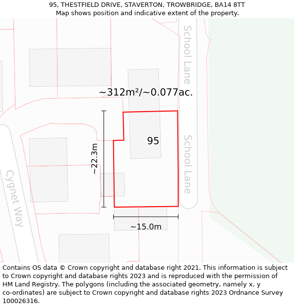 95, THESTFIELD DRIVE, STAVERTON, TROWBRIDGE, BA14 8TT: Plot and title map