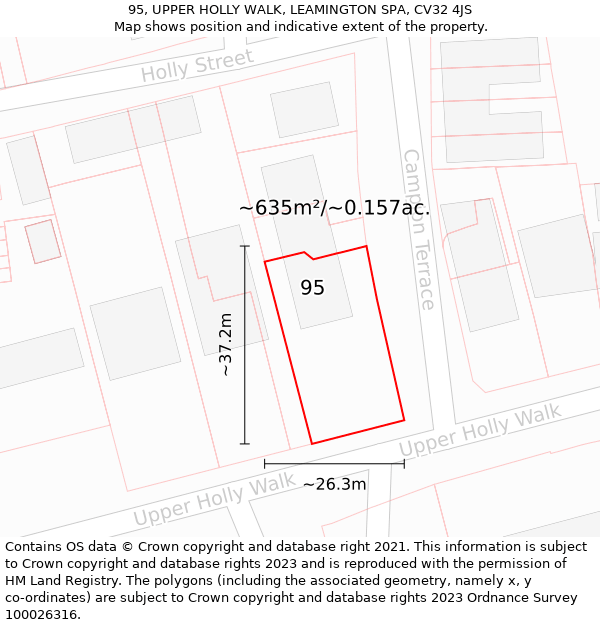 95, UPPER HOLLY WALK, LEAMINGTON SPA, CV32 4JS: Plot and title map