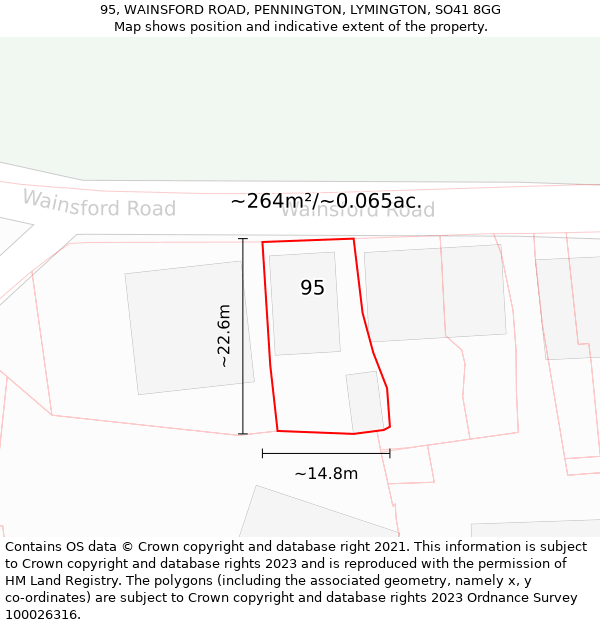 95, WAINSFORD ROAD, PENNINGTON, LYMINGTON, SO41 8GG: Plot and title map