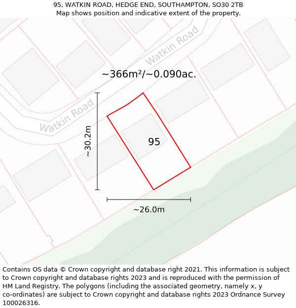 95, WATKIN ROAD, HEDGE END, SOUTHAMPTON, SO30 2TB: Plot and title map