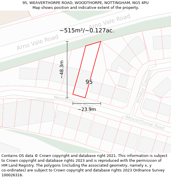 95, WEAVERTHORPE ROAD, WOODTHORPE, NOTTINGHAM, NG5 4PU: Plot and title map