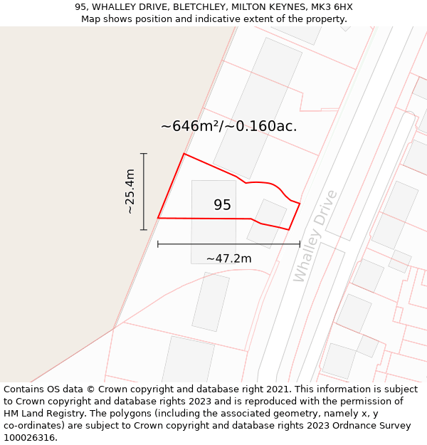95, WHALLEY DRIVE, BLETCHLEY, MILTON KEYNES, MK3 6HX: Plot and title map