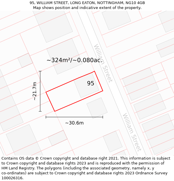 95, WILLIAM STREET, LONG EATON, NOTTINGHAM, NG10 4GB: Plot and title map