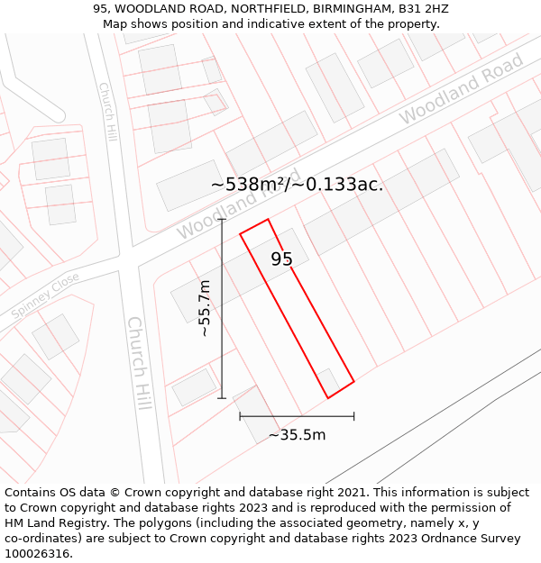 95, WOODLAND ROAD, NORTHFIELD, BIRMINGHAM, B31 2HZ: Plot and title map