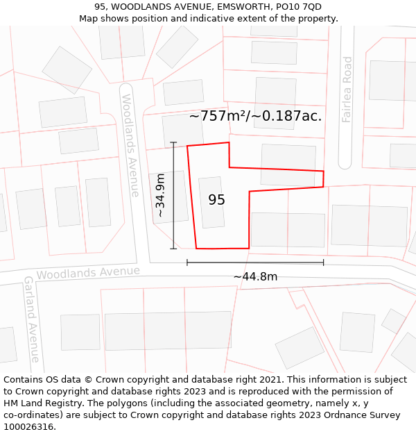 95, WOODLANDS AVENUE, EMSWORTH, PO10 7QD: Plot and title map