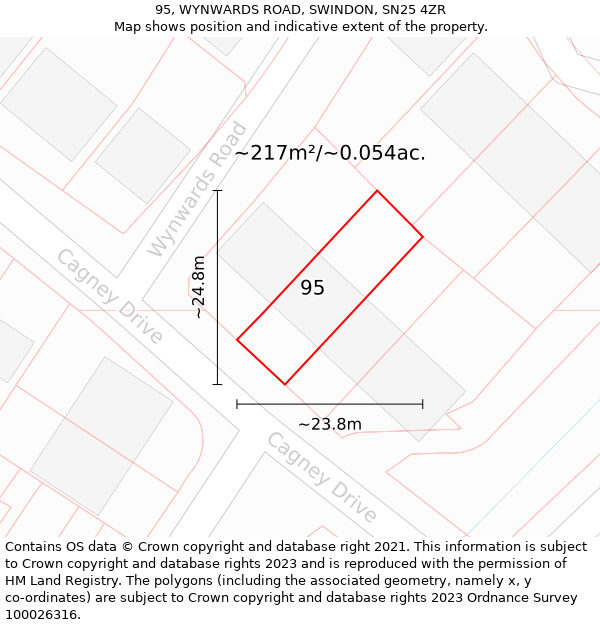 95, WYNWARDS ROAD, SWINDON, SN25 4ZR: Plot and title map
