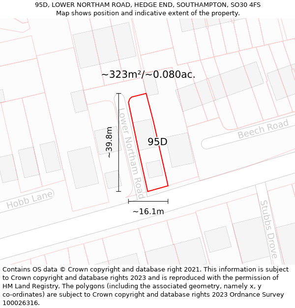 95D, LOWER NORTHAM ROAD, HEDGE END, SOUTHAMPTON, SO30 4FS: Plot and title map