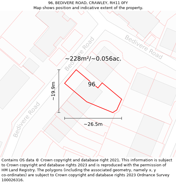 96, BEDIVERE ROAD, CRAWLEY, RH11 0FY: Plot and title map