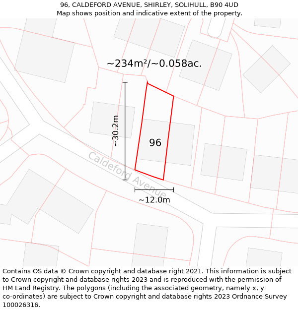 96, CALDEFORD AVENUE, SHIRLEY, SOLIHULL, B90 4UD: Plot and title map