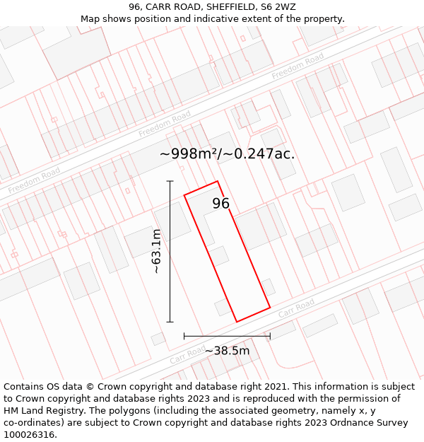 96, CARR ROAD, SHEFFIELD, S6 2WZ: Plot and title map