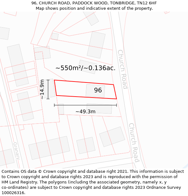 96, CHURCH ROAD, PADDOCK WOOD, TONBRIDGE, TN12 6HF: Plot and title map