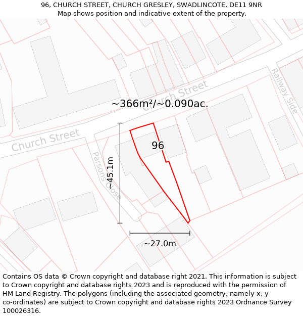 96, CHURCH STREET, CHURCH GRESLEY, SWADLINCOTE, DE11 9NR: Plot and title map