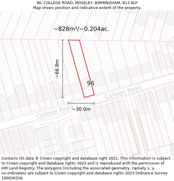 96, COLLEGE ROAD, MOSELEY, BIRMINGHAM, B13 9LP: Plot and title map