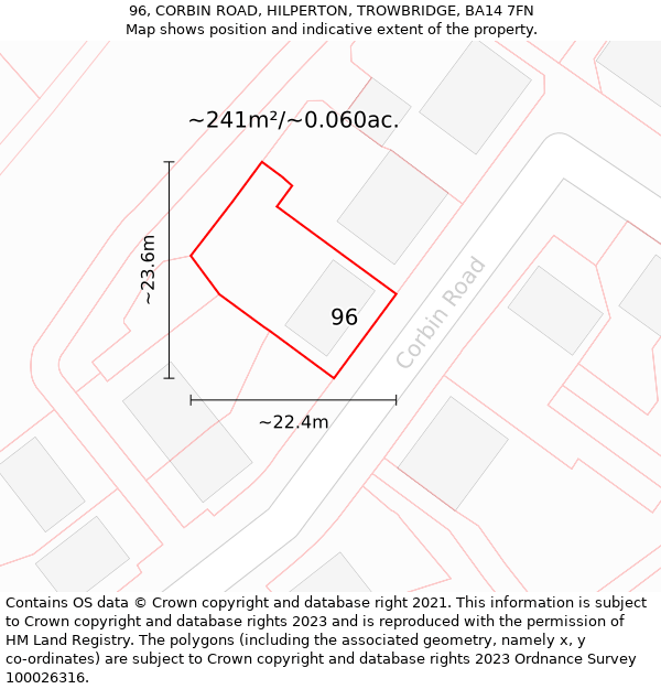 96, CORBIN ROAD, HILPERTON, TROWBRIDGE, BA14 7FN: Plot and title map