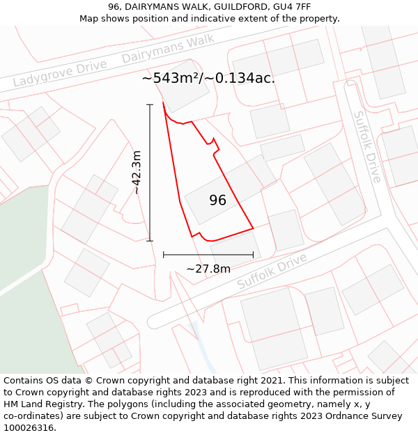 96, DAIRYMANS WALK, GUILDFORD, GU4 7FF: Plot and title map