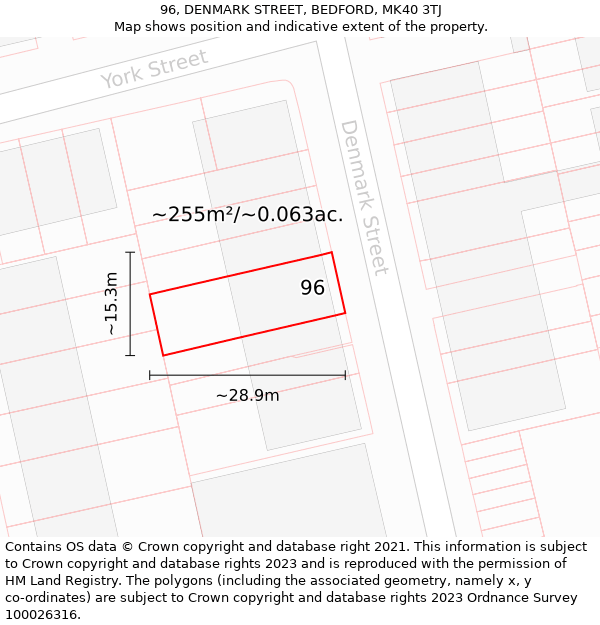 96, DENMARK STREET, BEDFORD, MK40 3TJ: Plot and title map