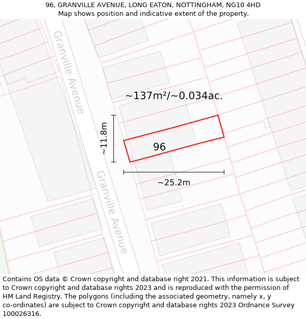 96, GRANVILLE AVENUE, LONG EATON, NOTTINGHAM, NG10 4HD: Plot and title map