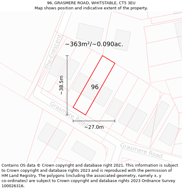 96, GRASMERE ROAD, WHITSTABLE, CT5 3EU: Plot and title map