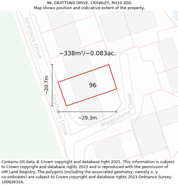 96, GRATTONS DRIVE, CRAWLEY, RH10 3DD: Plot and title map