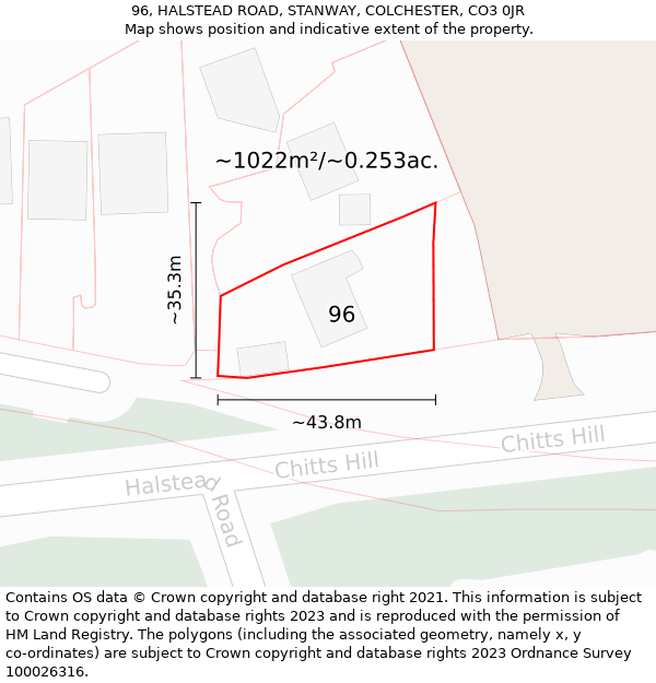 96, HALSTEAD ROAD, STANWAY, COLCHESTER, CO3 0JR: Plot and title map