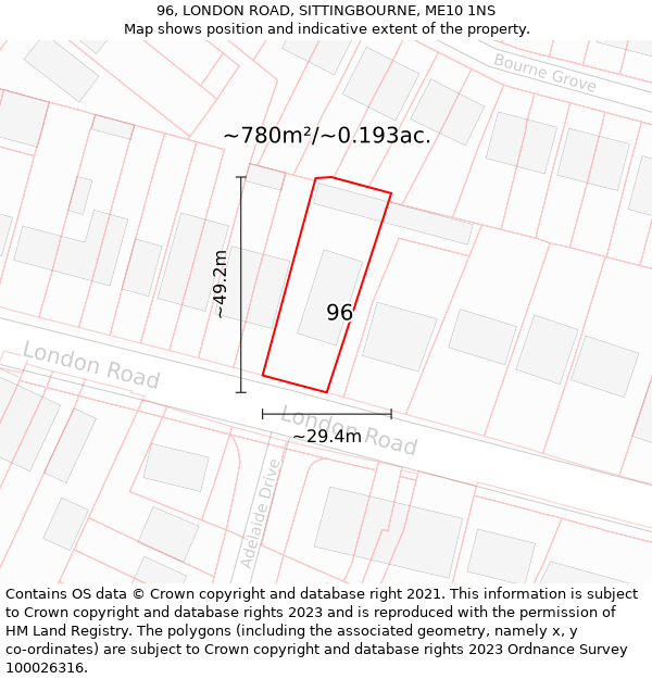 96, LONDON ROAD, SITTINGBOURNE, ME10 1NS: Plot and title map