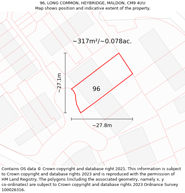 96, LONG COMMON, HEYBRIDGE, MALDON, CM9 4UU: Plot and title map