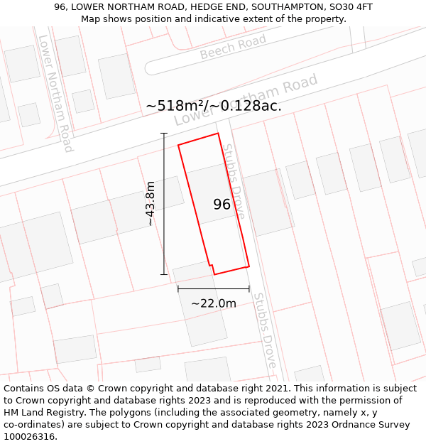 96, LOWER NORTHAM ROAD, HEDGE END, SOUTHAMPTON, SO30 4FT: Plot and title map