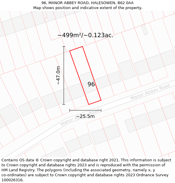 96, MANOR ABBEY ROAD, HALESOWEN, B62 0AA: Plot and title map