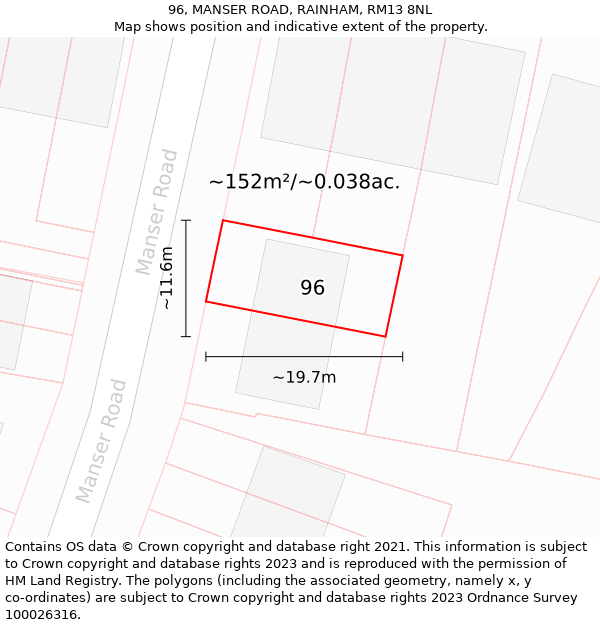 96, MANSER ROAD, RAINHAM, RM13 8NL: Plot and title map