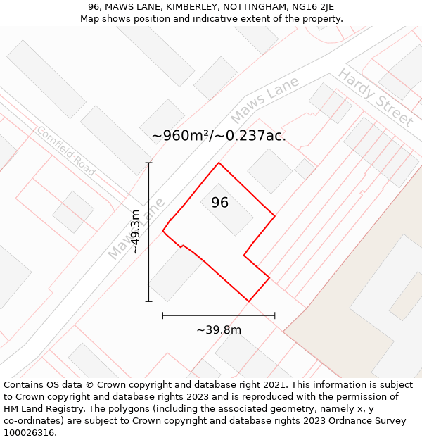 96, MAWS LANE, KIMBERLEY, NOTTINGHAM, NG16 2JE: Plot and title map