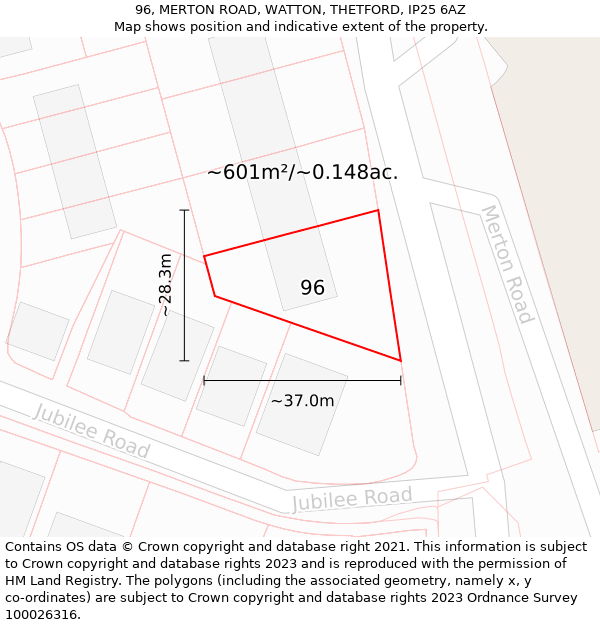 96, MERTON ROAD, WATTON, THETFORD, IP25 6AZ: Plot and title map