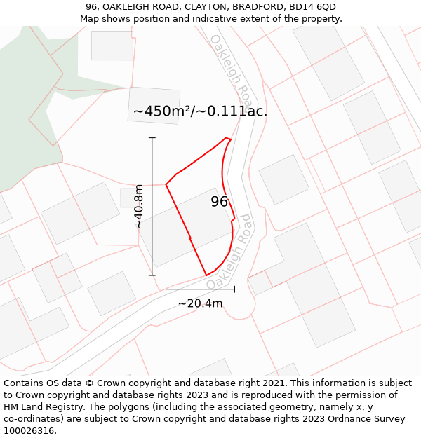 96, OAKLEIGH ROAD, CLAYTON, BRADFORD, BD14 6QD: Plot and title map