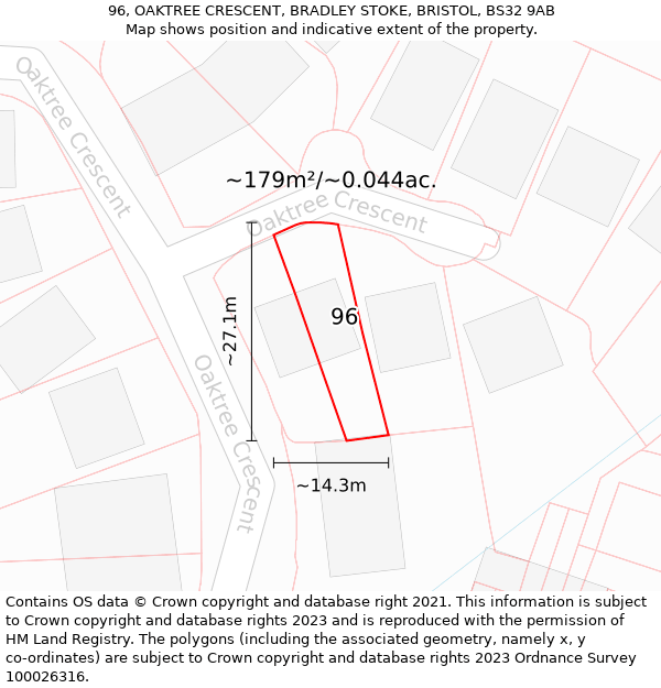 96, OAKTREE CRESCENT, BRADLEY STOKE, BRISTOL, BS32 9AB: Plot and title map