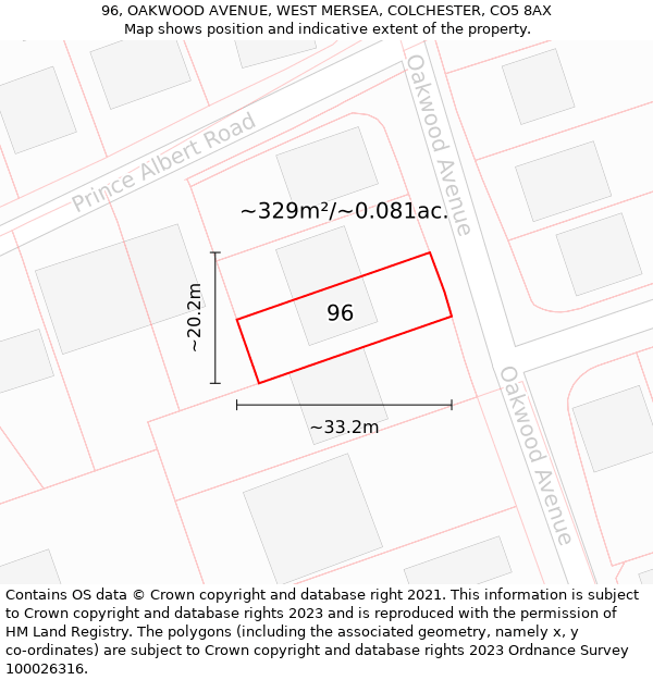 96, OAKWOOD AVENUE, WEST MERSEA, COLCHESTER, CO5 8AX: Plot and title map