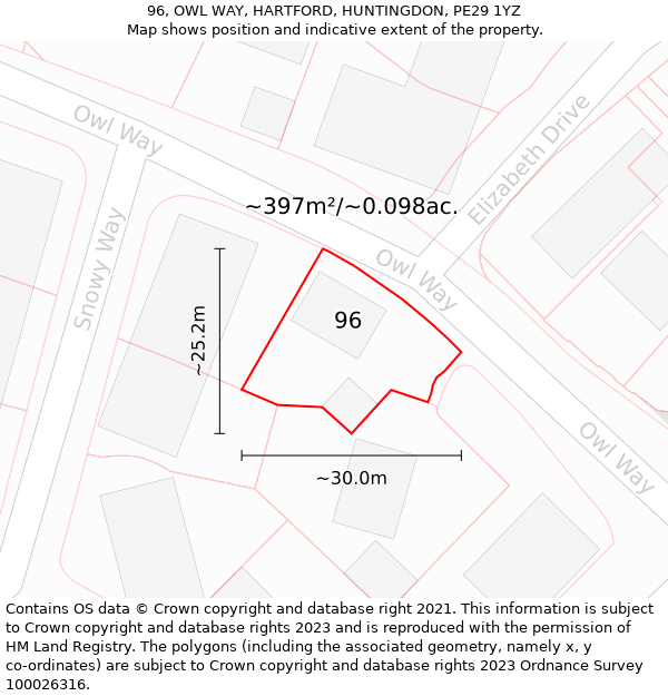 96, OWL WAY, HARTFORD, HUNTINGDON, PE29 1YZ: Plot and title map