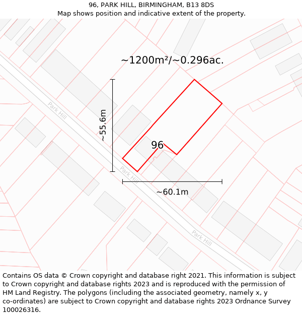 96, PARK HILL, BIRMINGHAM, B13 8DS: Plot and title map