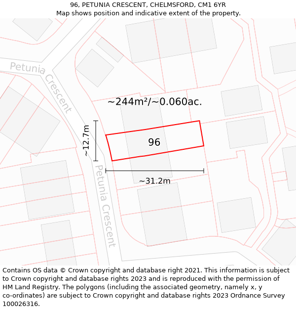 96, PETUNIA CRESCENT, CHELMSFORD, CM1 6YR: Plot and title map