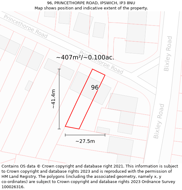 96, PRINCETHORPE ROAD, IPSWICH, IP3 8NU: Plot and title map