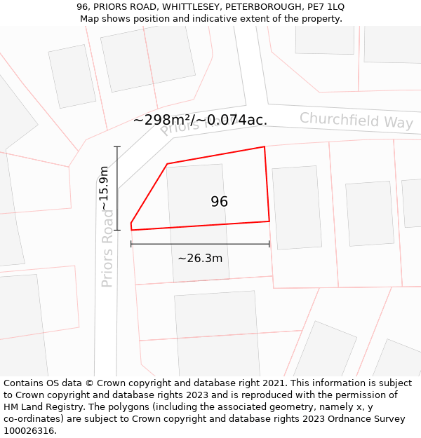 96, PRIORS ROAD, WHITTLESEY, PETERBOROUGH, PE7 1LQ: Plot and title map