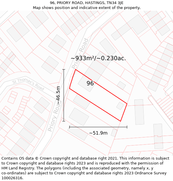 96, PRIORY ROAD, HASTINGS, TN34 3JE: Plot and title map