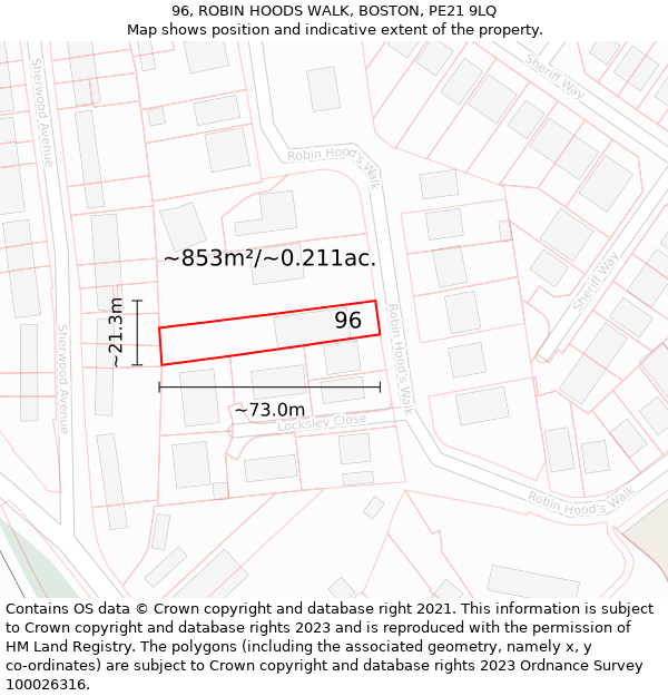 96, ROBIN HOODS WALK, BOSTON, PE21 9LQ: Plot and title map